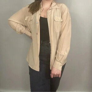 VINTAGE‎ Tan Silk Button Down Shirt with Embroidered Details